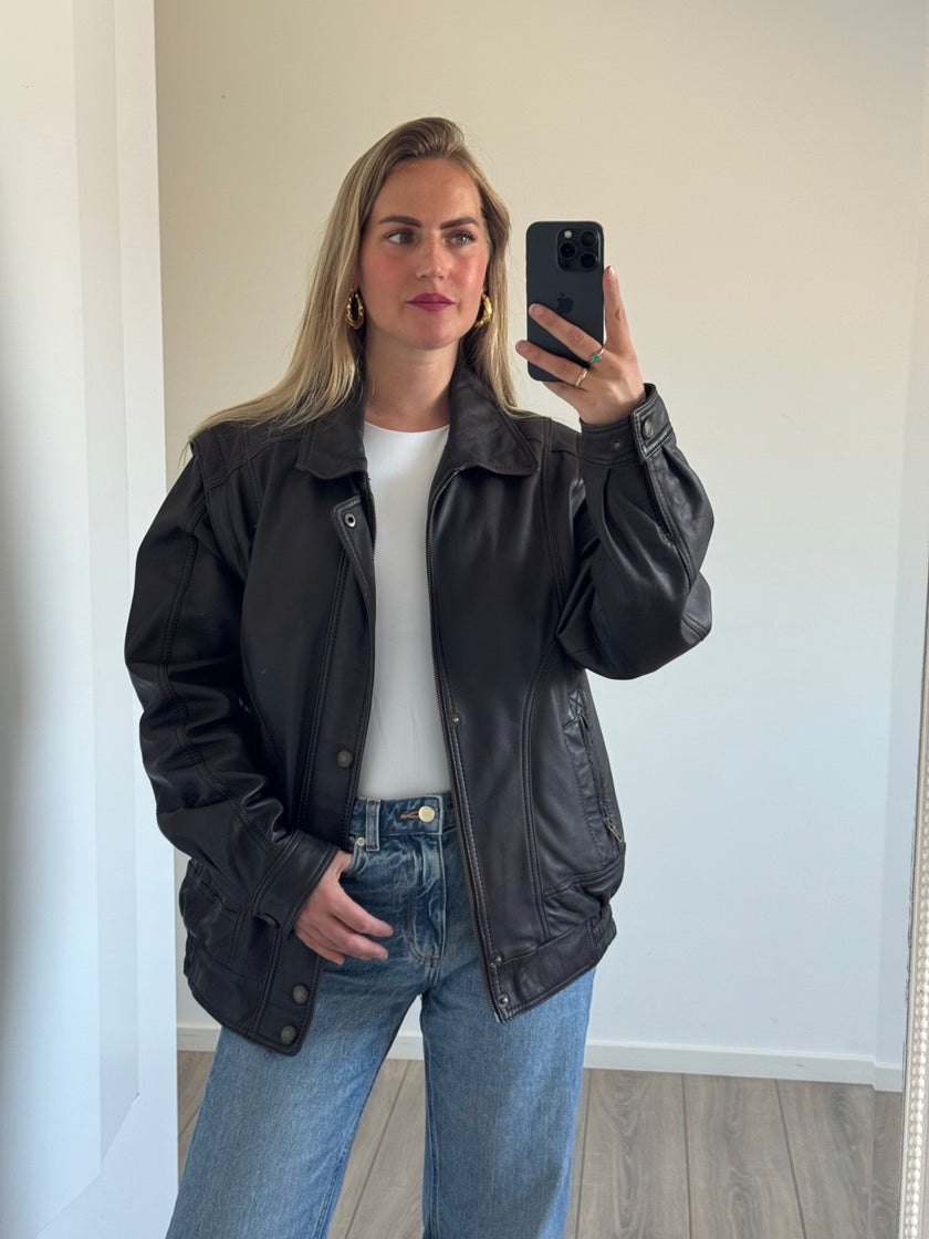 Oversized Brown Leather 90s Bomber Jacket