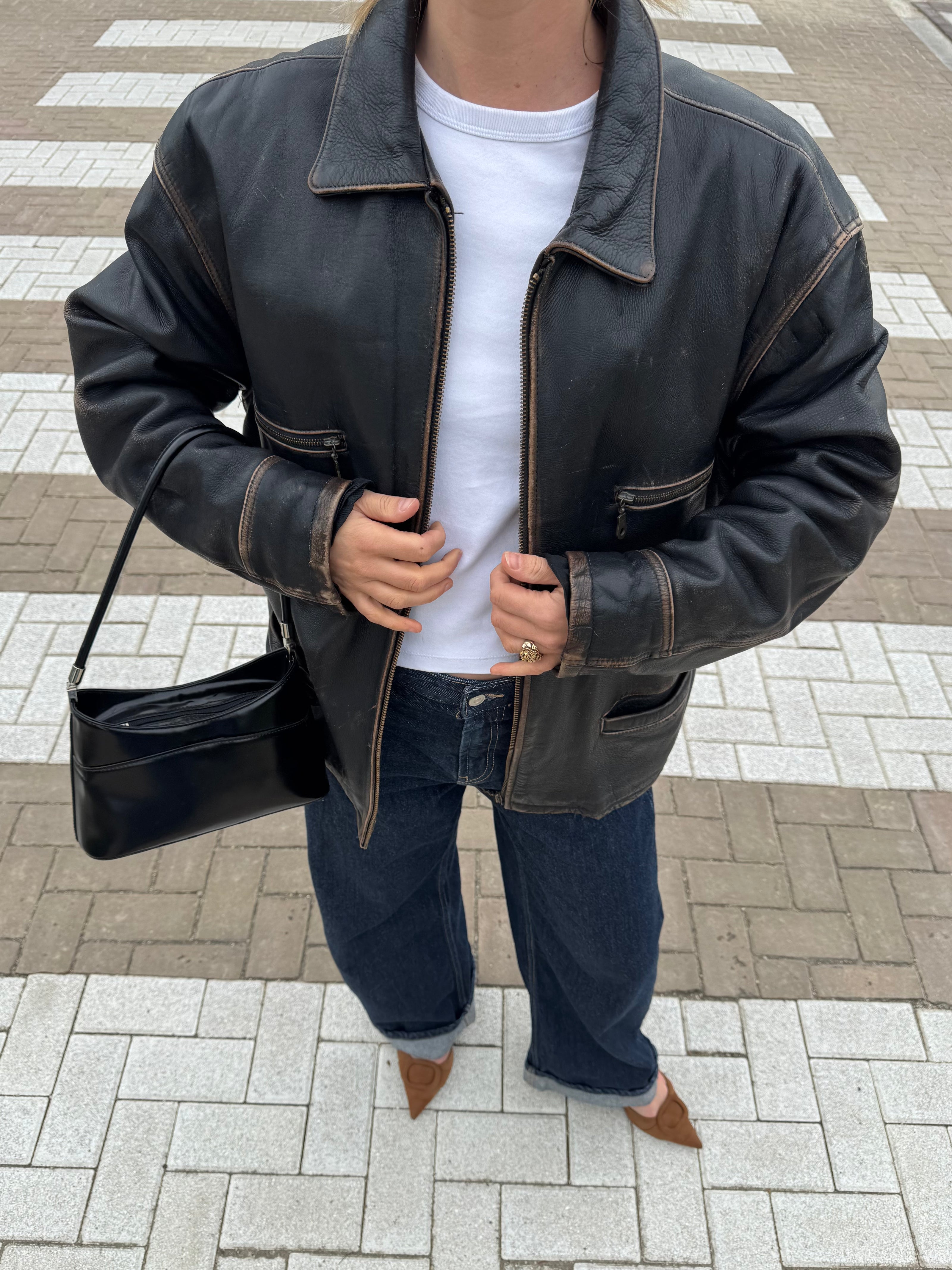 Faded/Distressed Oversized Vintage Black Leather Jacket