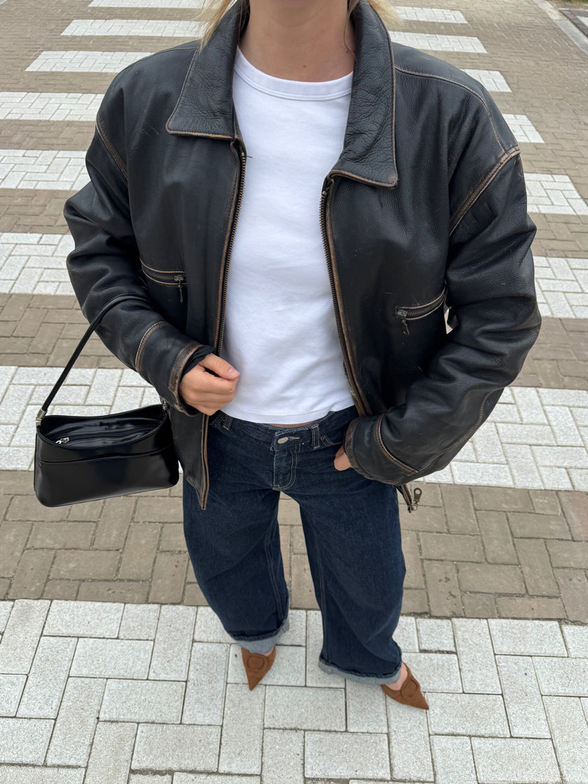 Faded/Distressed Oversized Vintage Black Leather Jacket