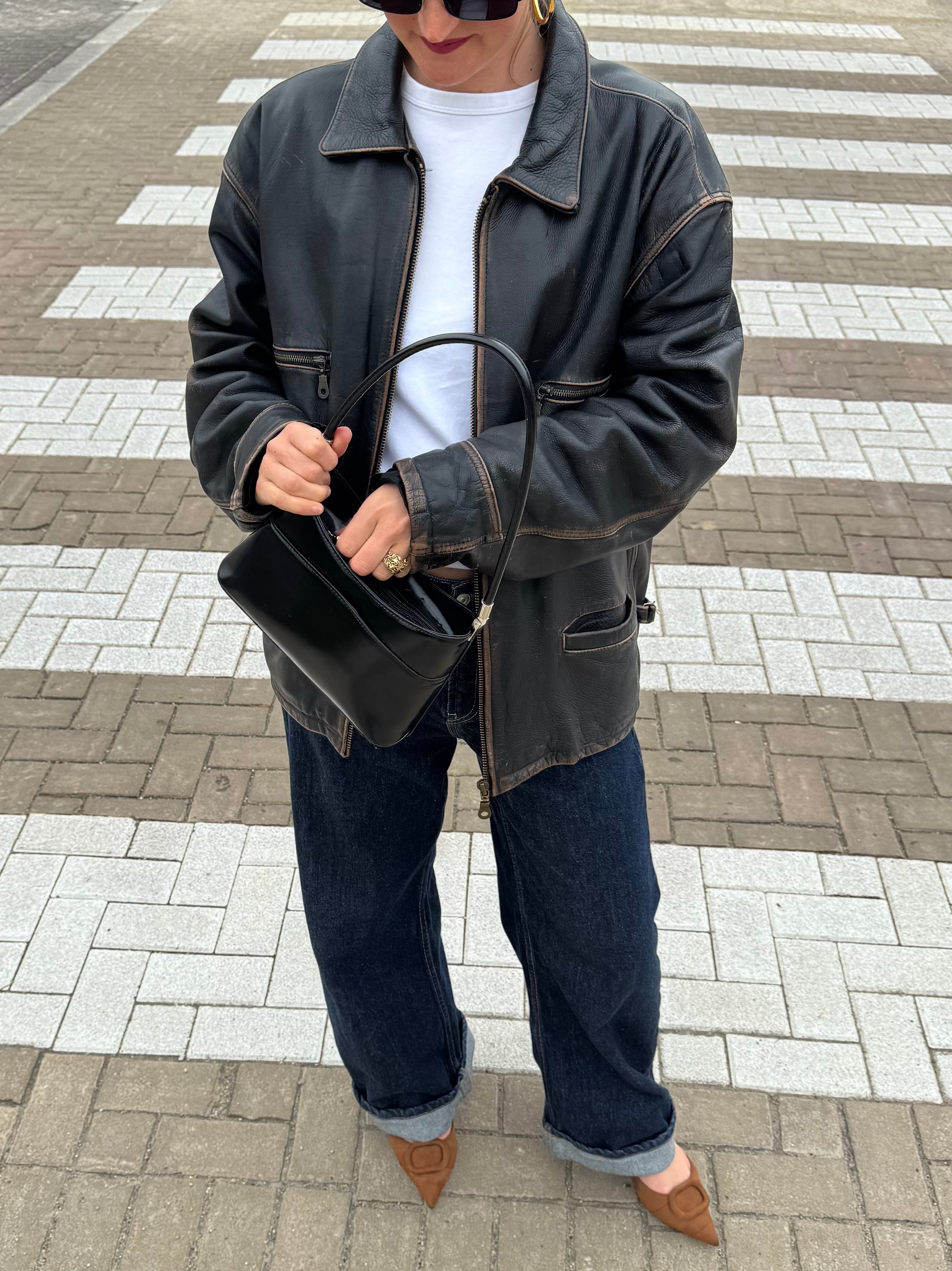Faded/Distressed Oversized Vintage Black Leather Jacket