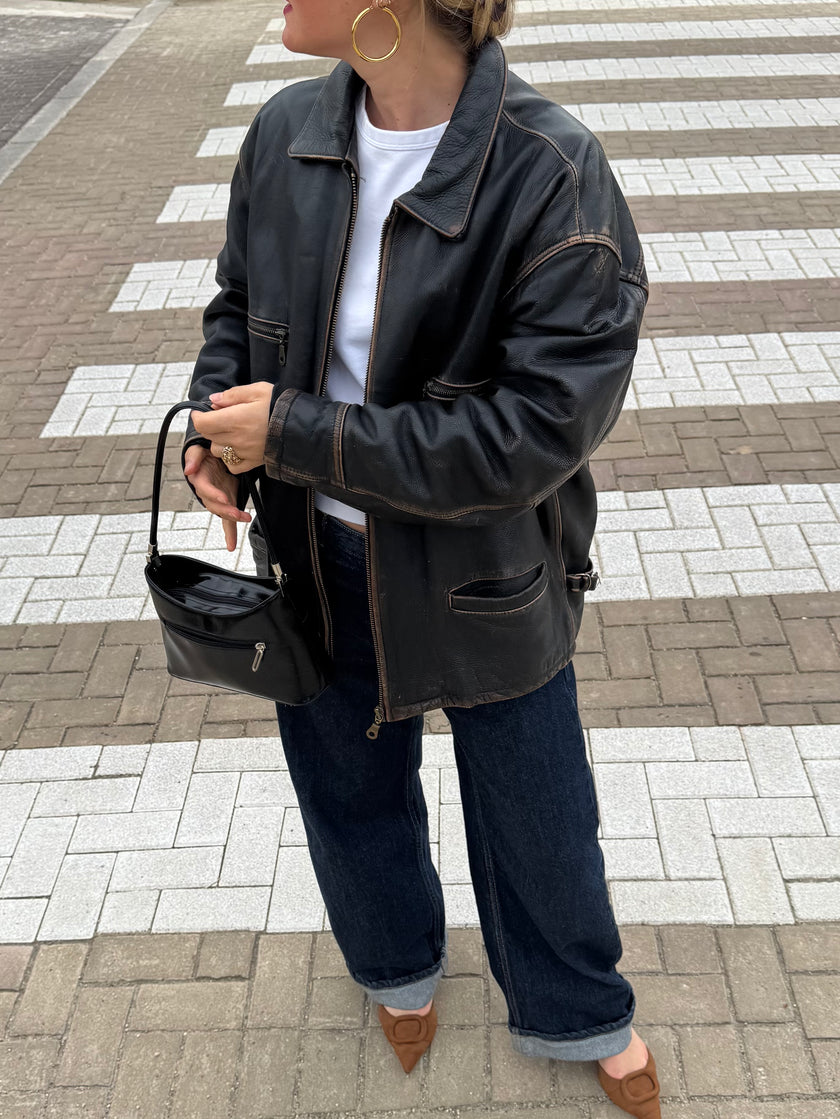 Faded/Distressed Oversized Vintage Black Leather Jacket