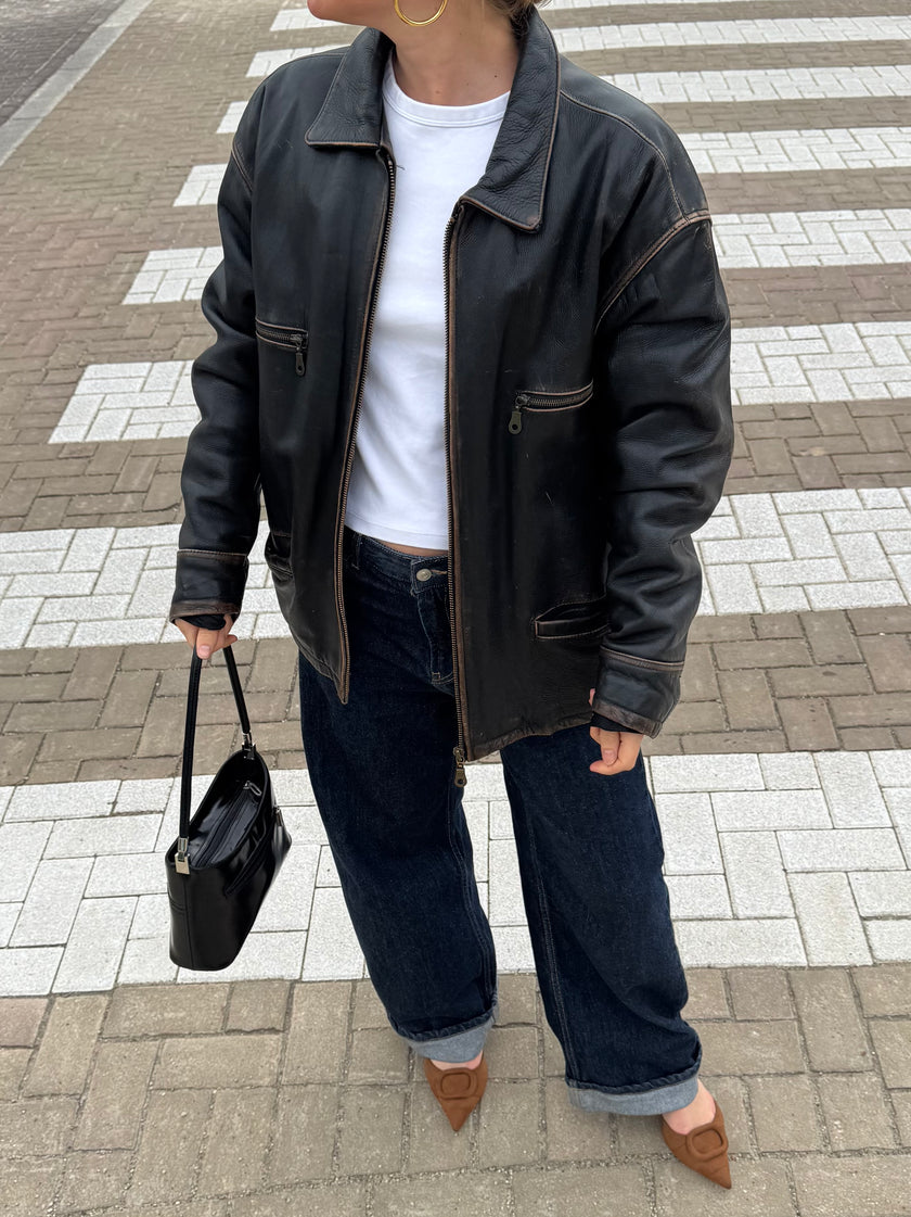 Faded/Distressed Oversized Vintage Black Leather Jacket