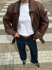 Light Brown Leather Bomber Jacket, Oversized & Vintage