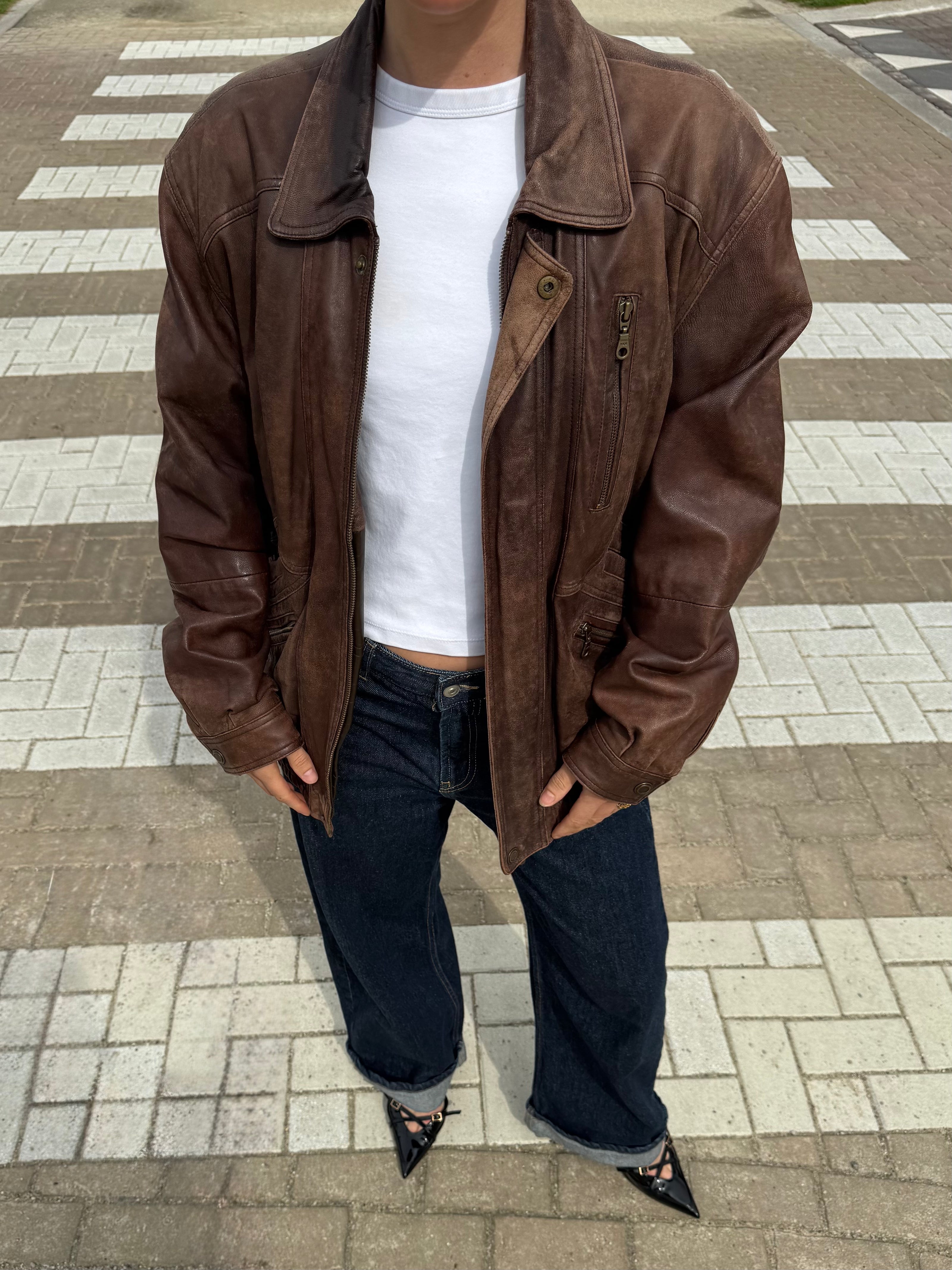 Light Brown Leather Bomber Jacket, Oversized & Vintage