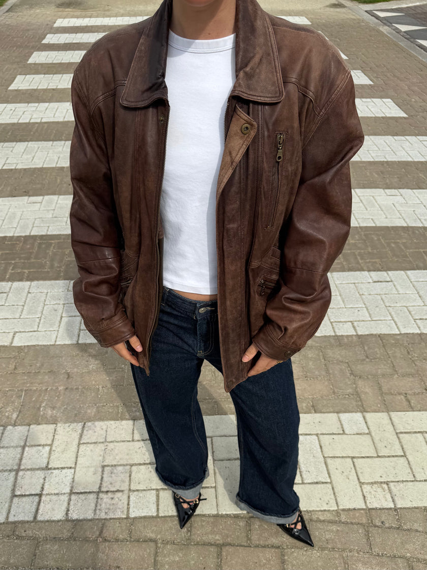 Light Brown Leather Bomber Jacket, Oversized & Vintage