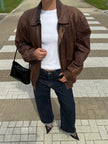 Light Brown Leather Bomber Jacket, Oversized & Vintage