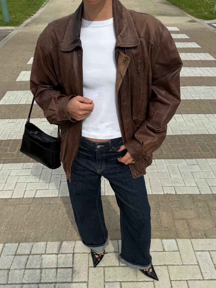Light Brown Leather Bomber Jacket, Oversized & Vintage
