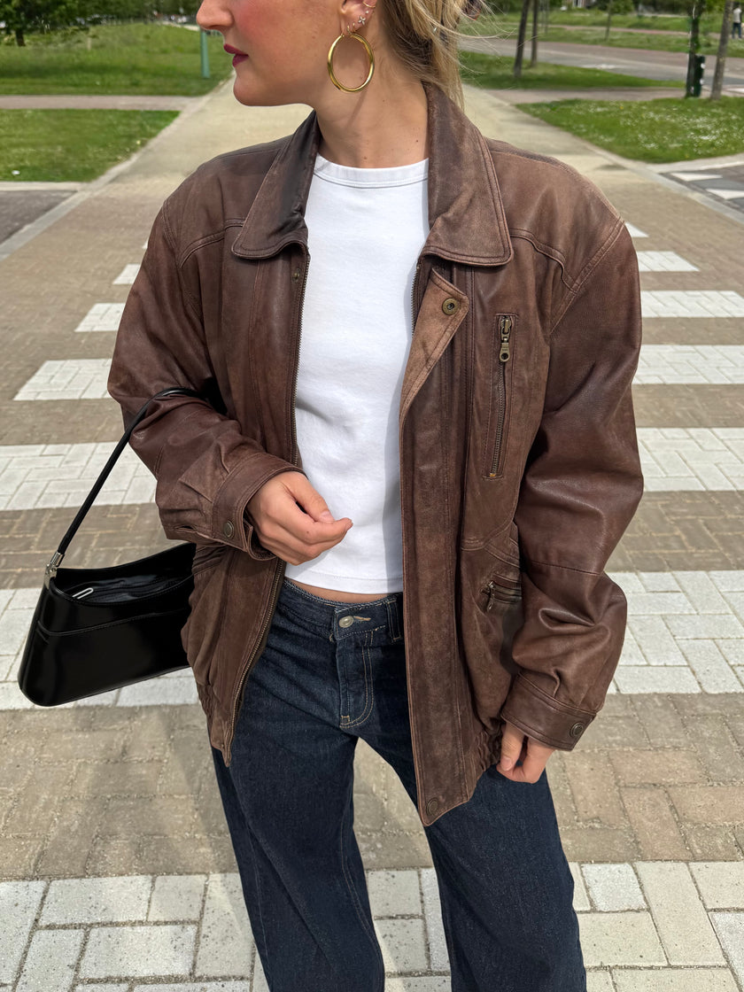 Light Brown Leather Bomber Jacket, Oversized & Vintage