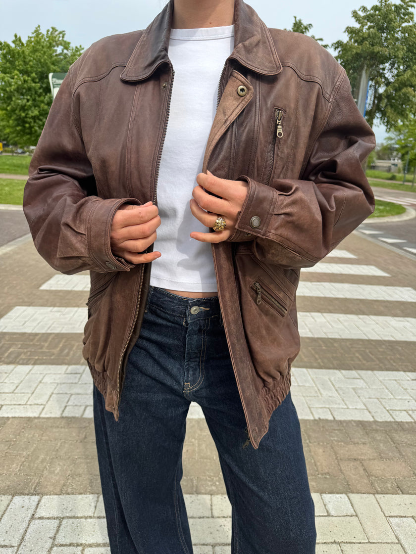 Light Brown Leather Bomber Jacket, Oversized & Vintage