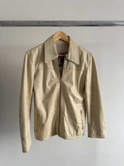 Fitted Light Beige 90s Vintage Leather Jacket