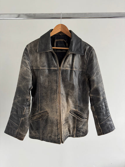 Arma Grey Distressed Leather Vintage Jacket