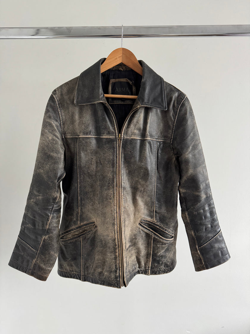 Arma Grey Distressed Leather Vintage Jacket