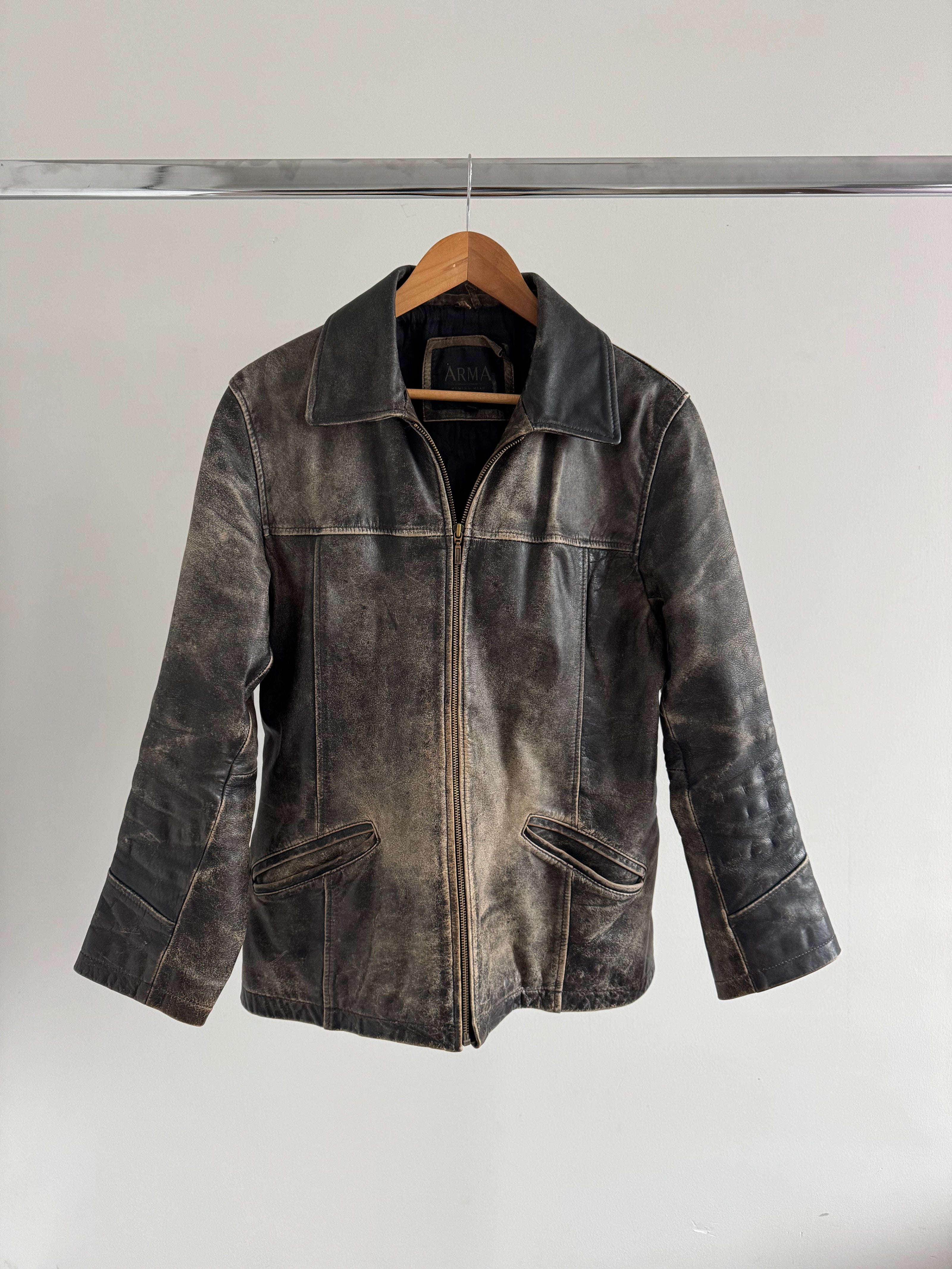 Arma Grey Distressed Leather Vintage Jacket
