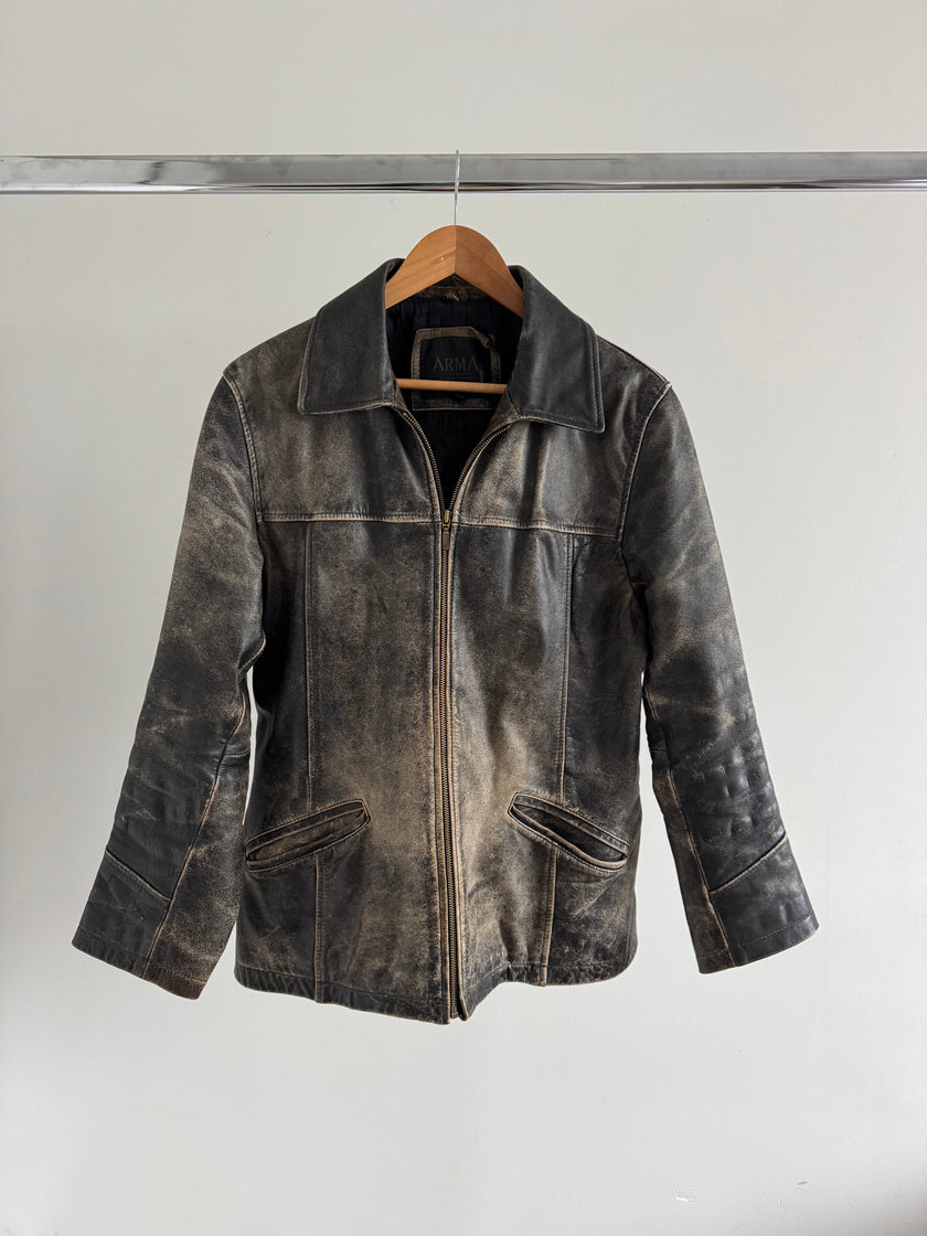 Arma Grey Distressed Leather Vintage Jacket