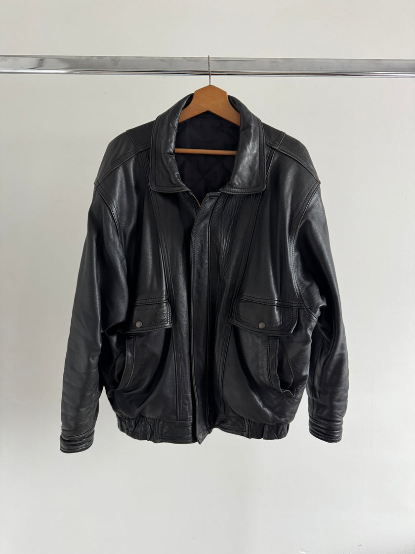90s Black Leather Oversized Bomberjacket