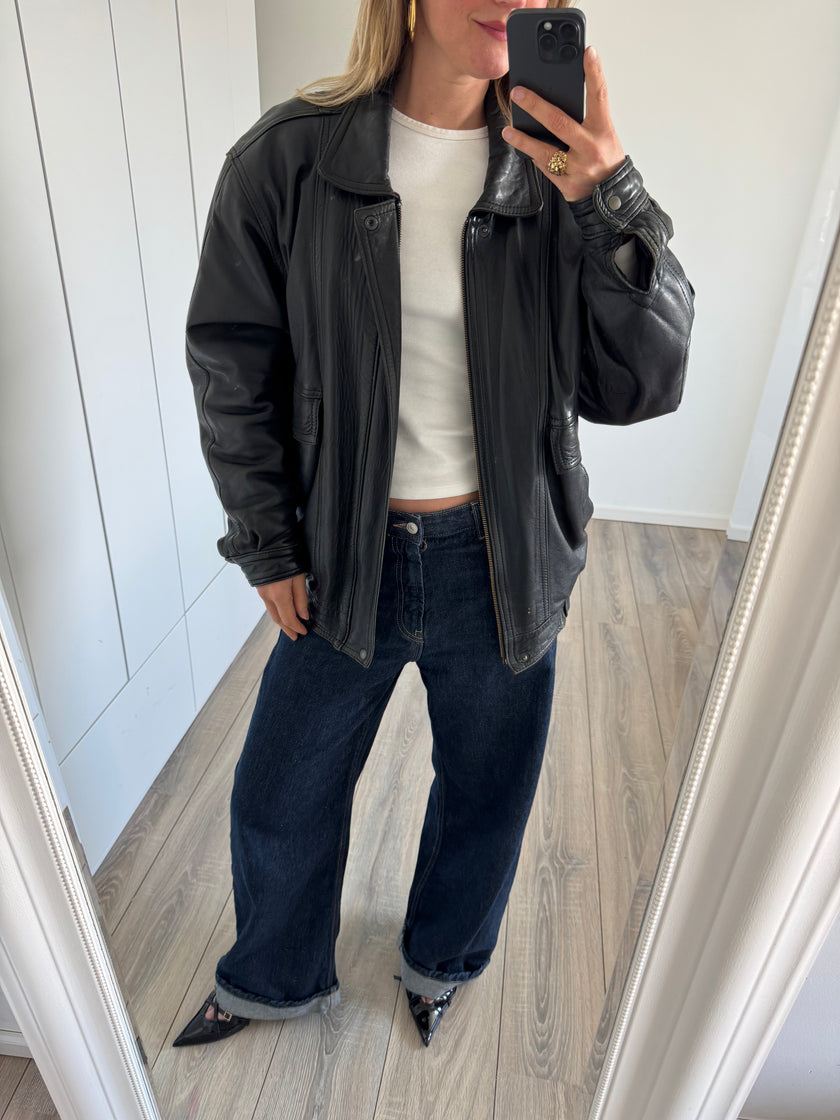 90s Black Leather Oversized Bomberjacket