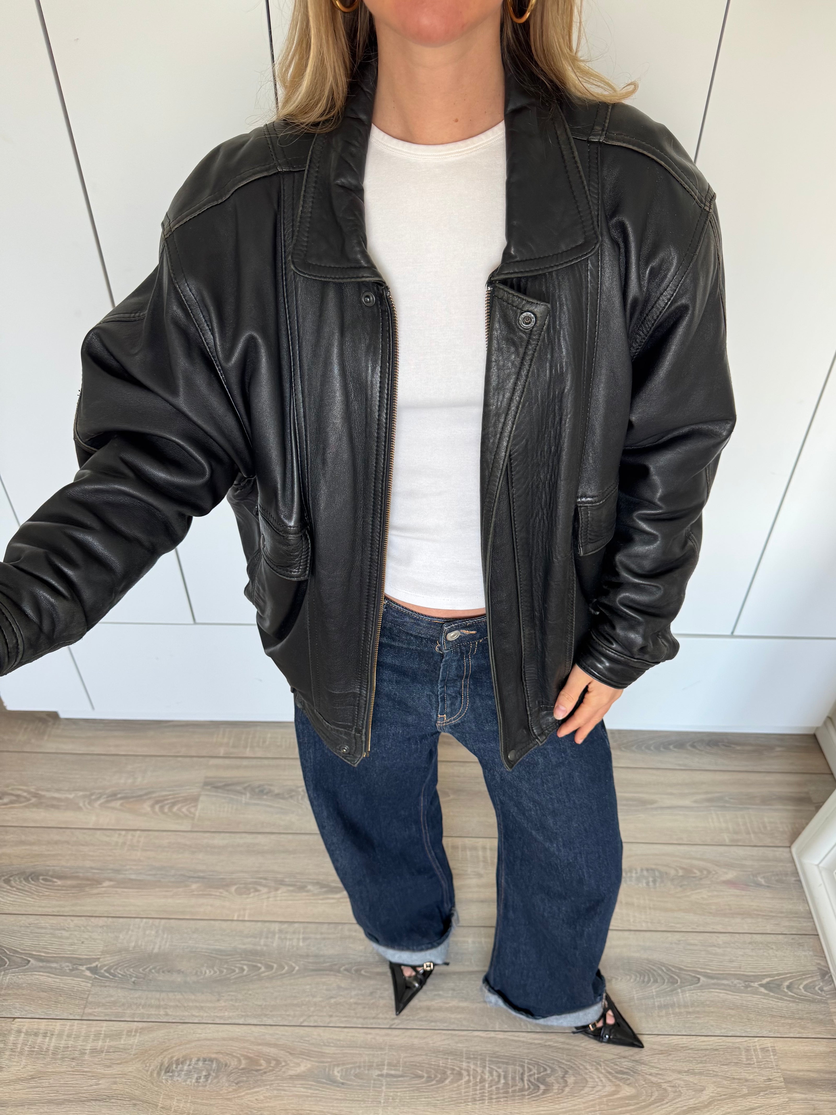 90s Black Leather Oversized Bomberjacket