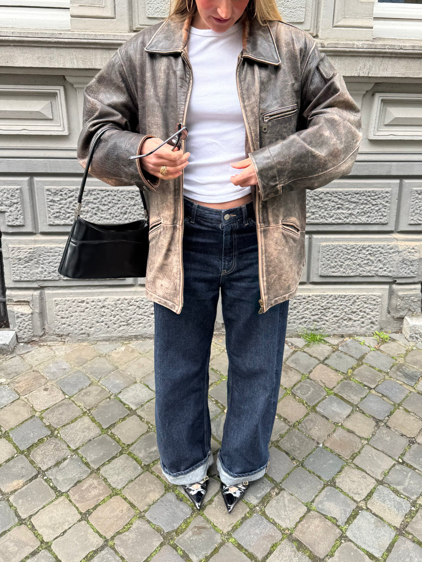 Super Oversized Distressed Brown/Grey Leather Vintage Jacket