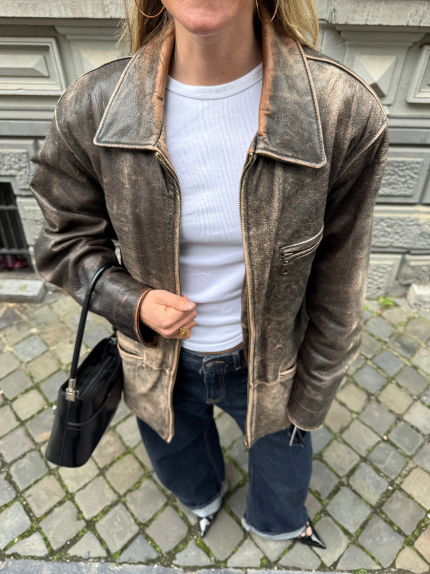 Super Oversized Distressed Brown/Grey Leather Vintage Jacket
