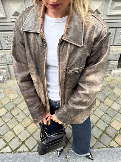 Super Oversized Distressed Brown/Grey Leather Vintage Jacket
