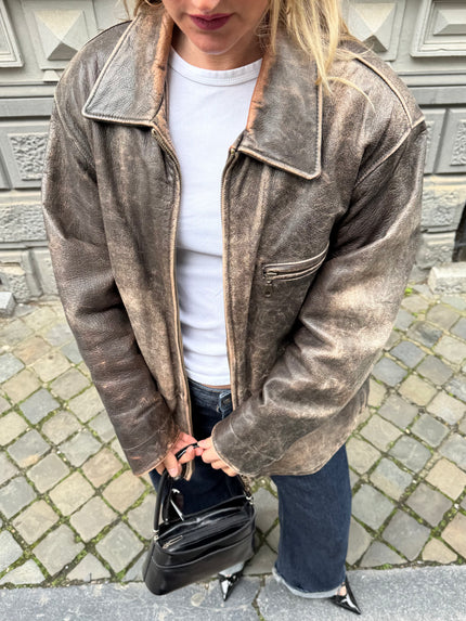 Super Oversized Distressed Brown/Grey Leather Vintage Jacket