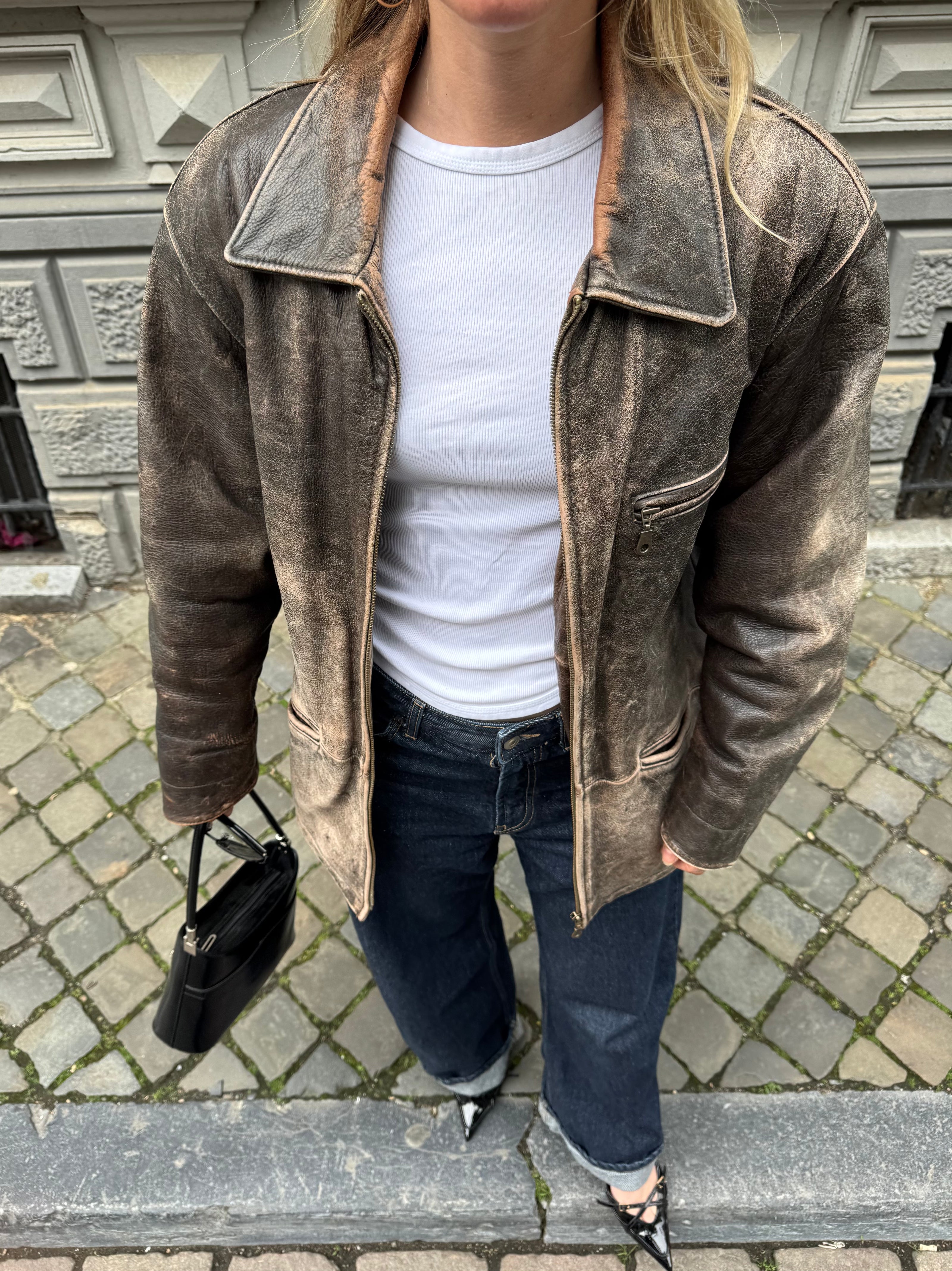 Super Oversized Distressed Brown/Grey Leather Vintage Jacket