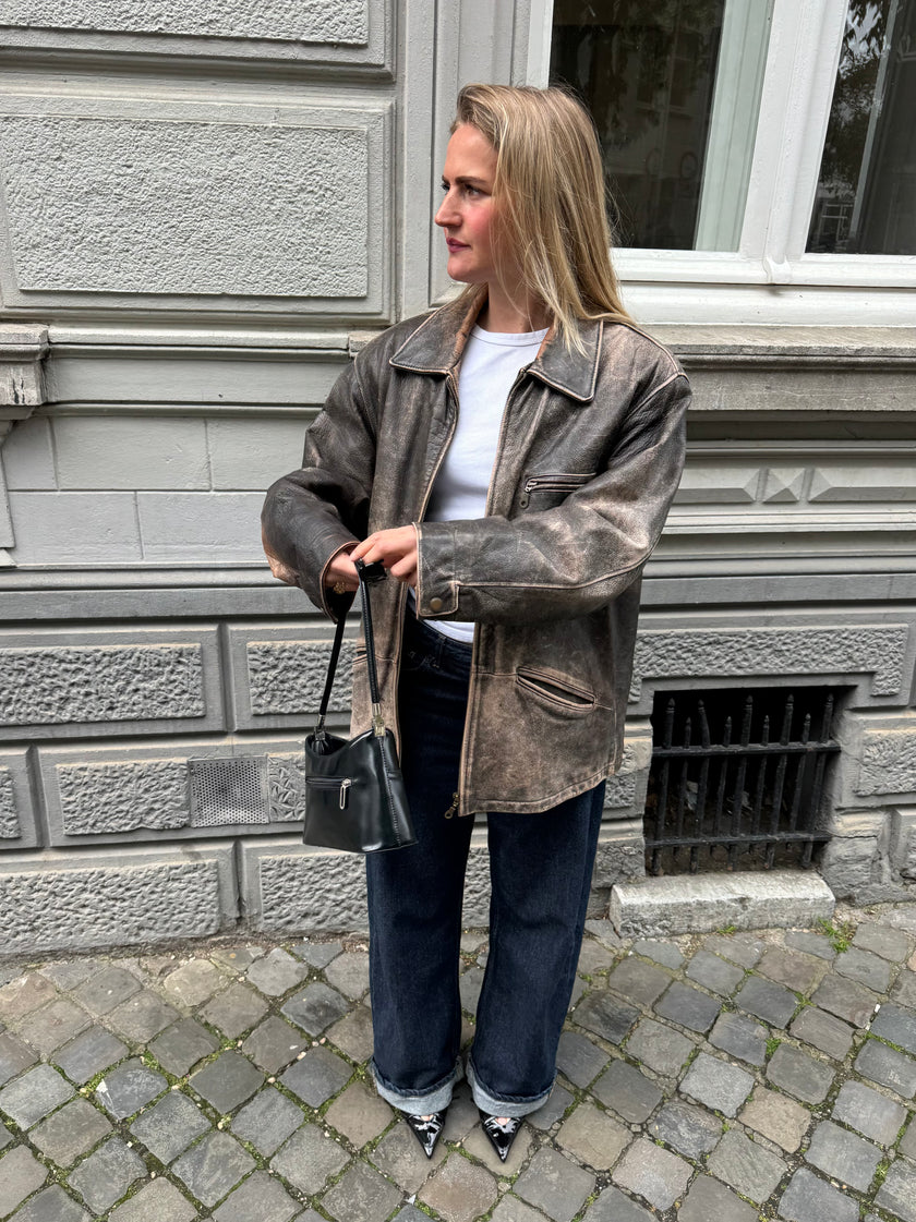 Super Oversized Distressed Brown/Grey Leather Vintage Jacket