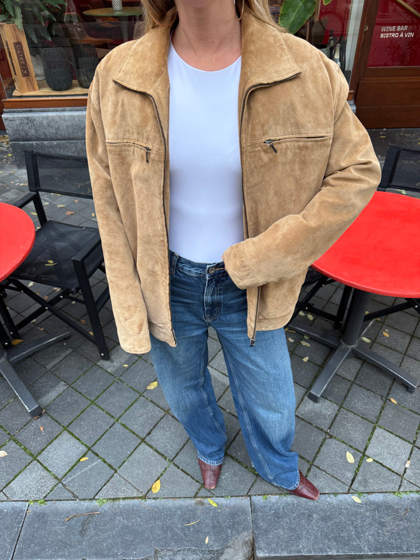 Beige Suede Bomber Jacket
