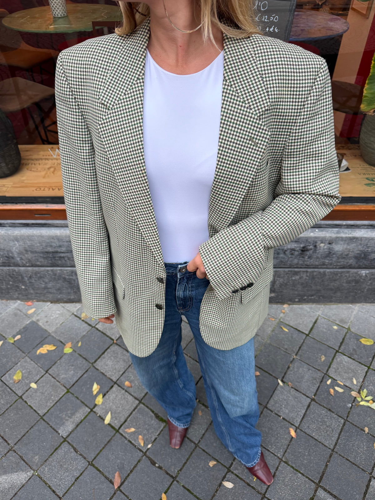 Dark Green Checked Oversized Blazer