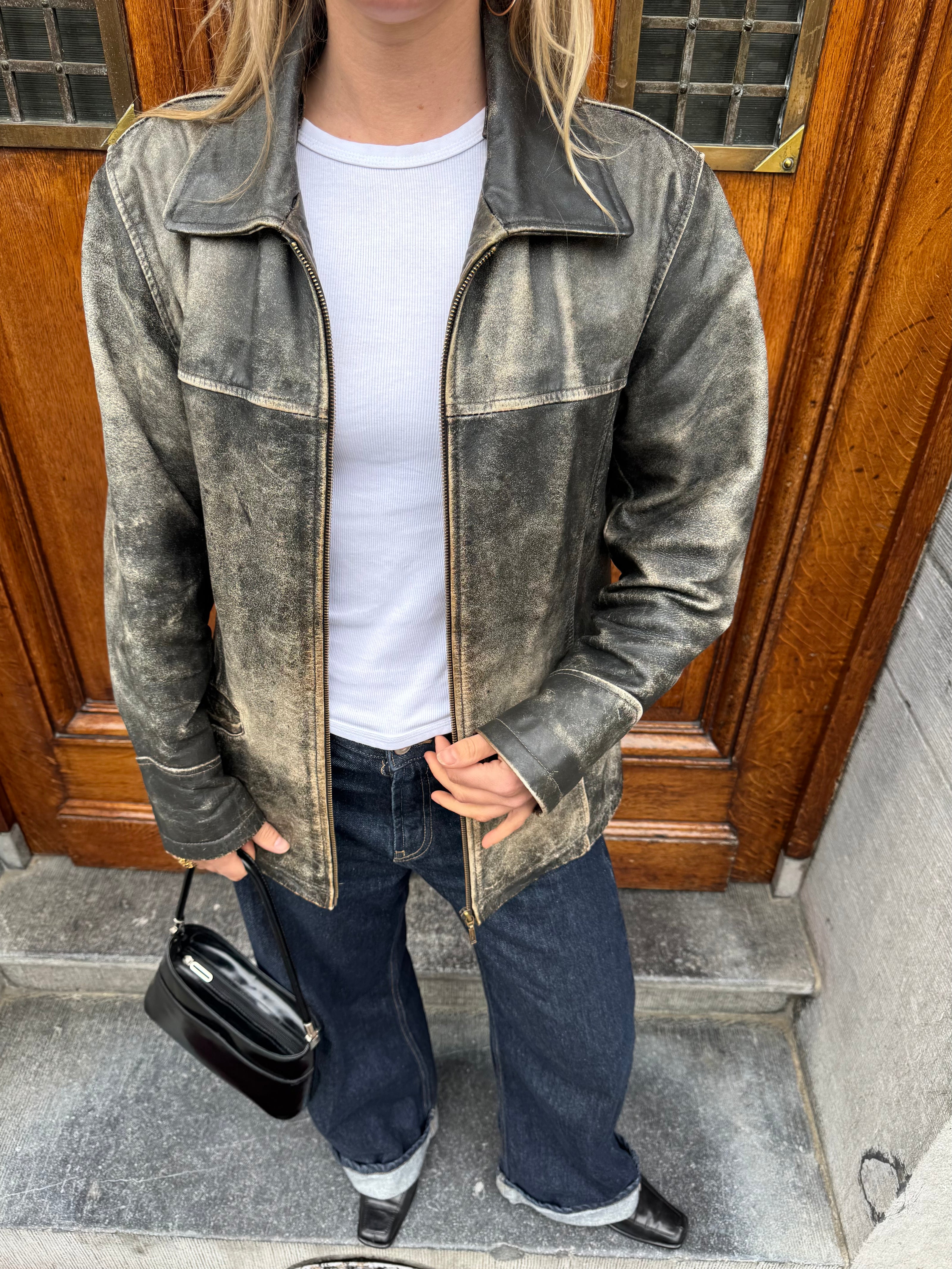 Arma Grey Distressed Leather Vintage Jacket