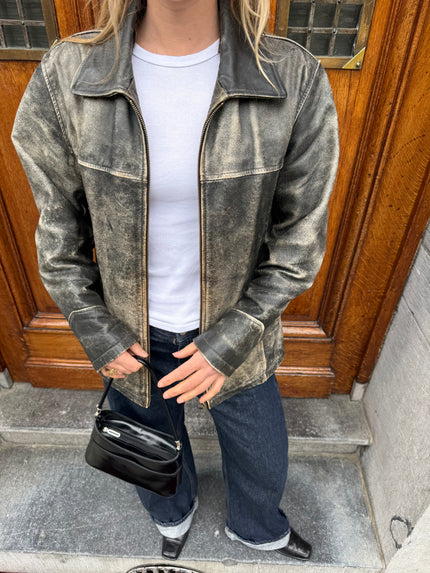 Arma Grey Distressed Leather Vintage Jacket