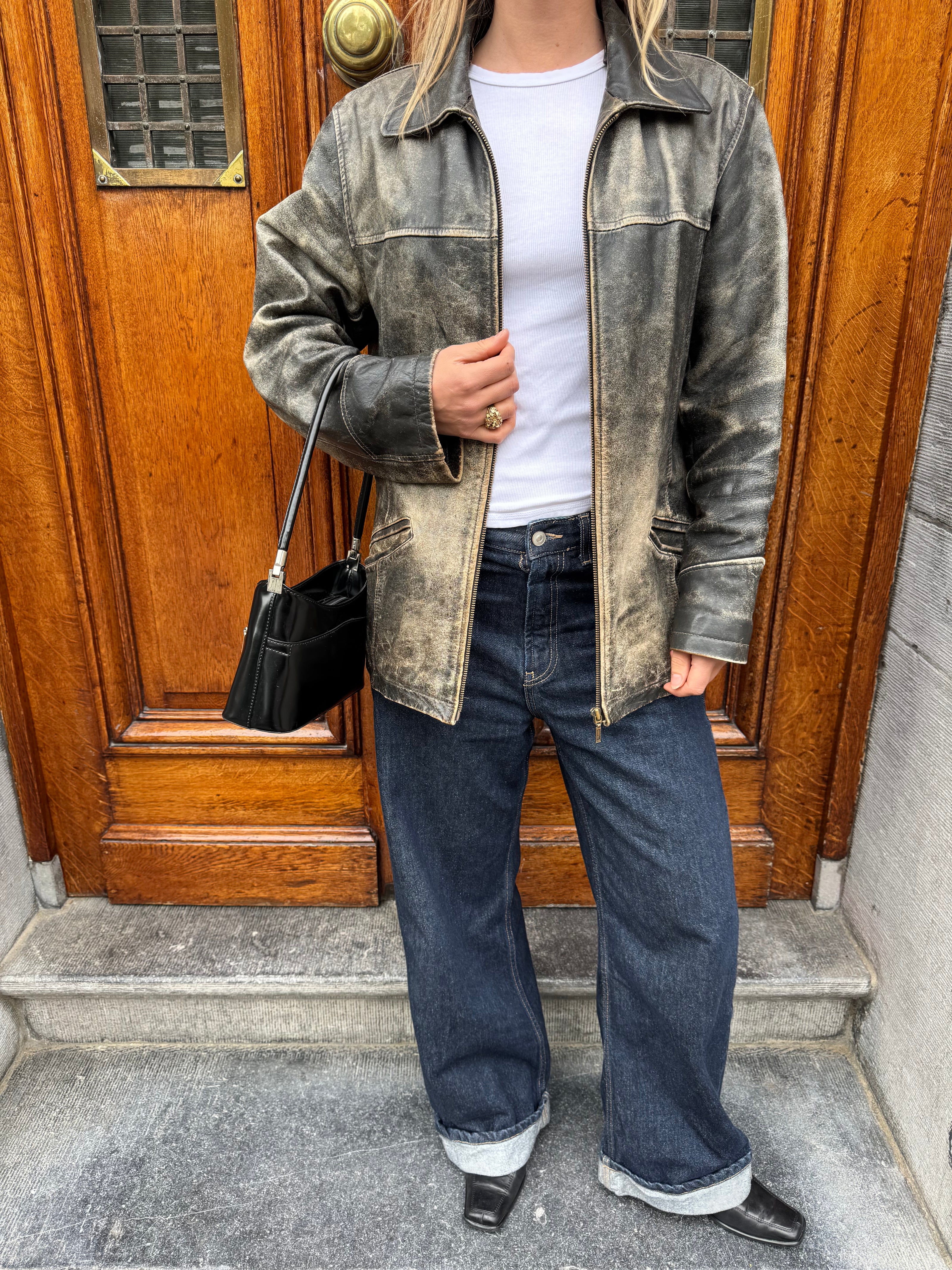 Arma Grey Distressed Leather Vintage Jacket