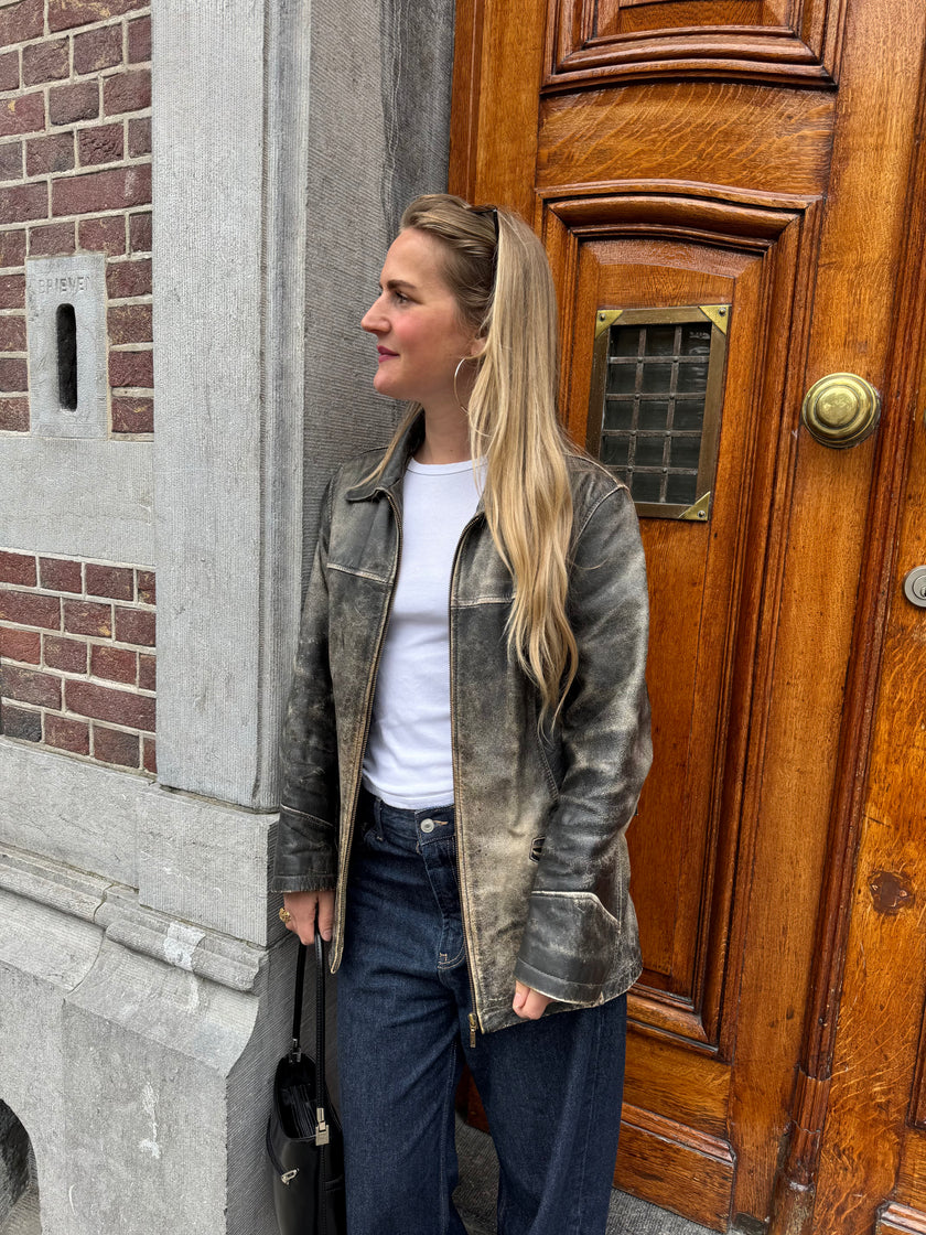 Arma Grey Distressed Leather Vintage Jacket