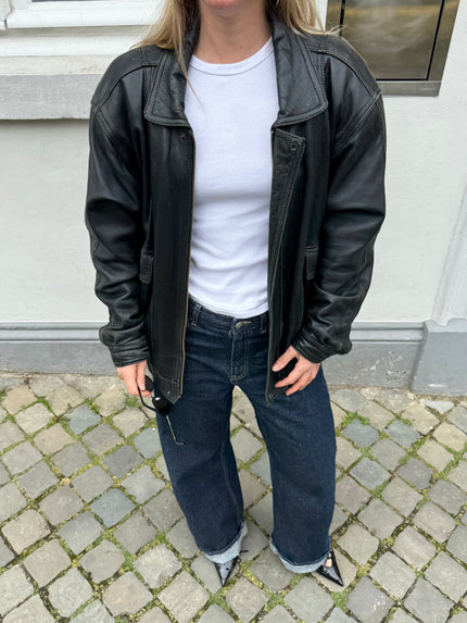 90s Black Leather Oversized Bomberjacket