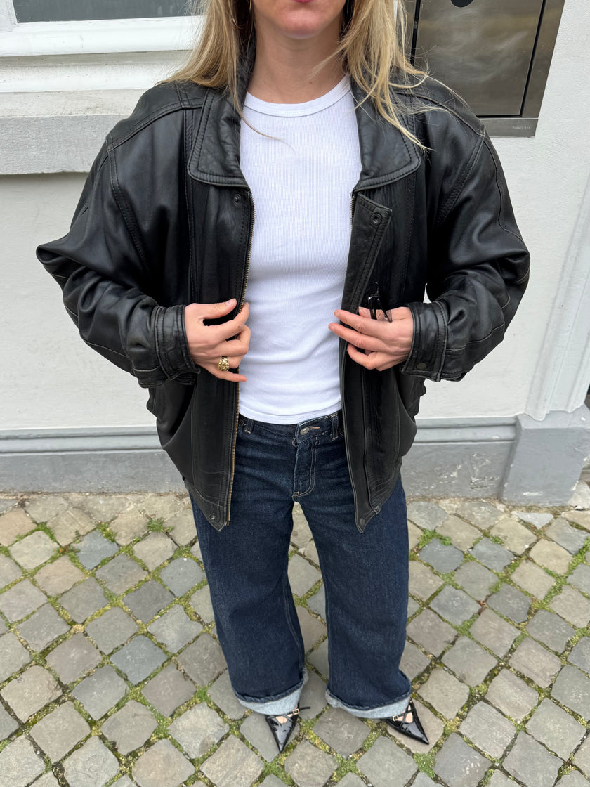 90s Black Leather Oversized Bomberjacket
