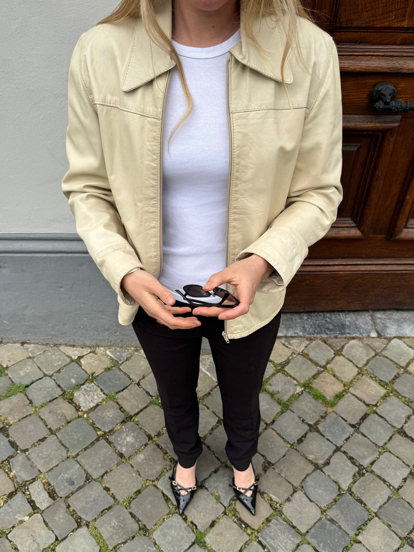 Fitted Light Beige 90s Vintage Leather Jacket