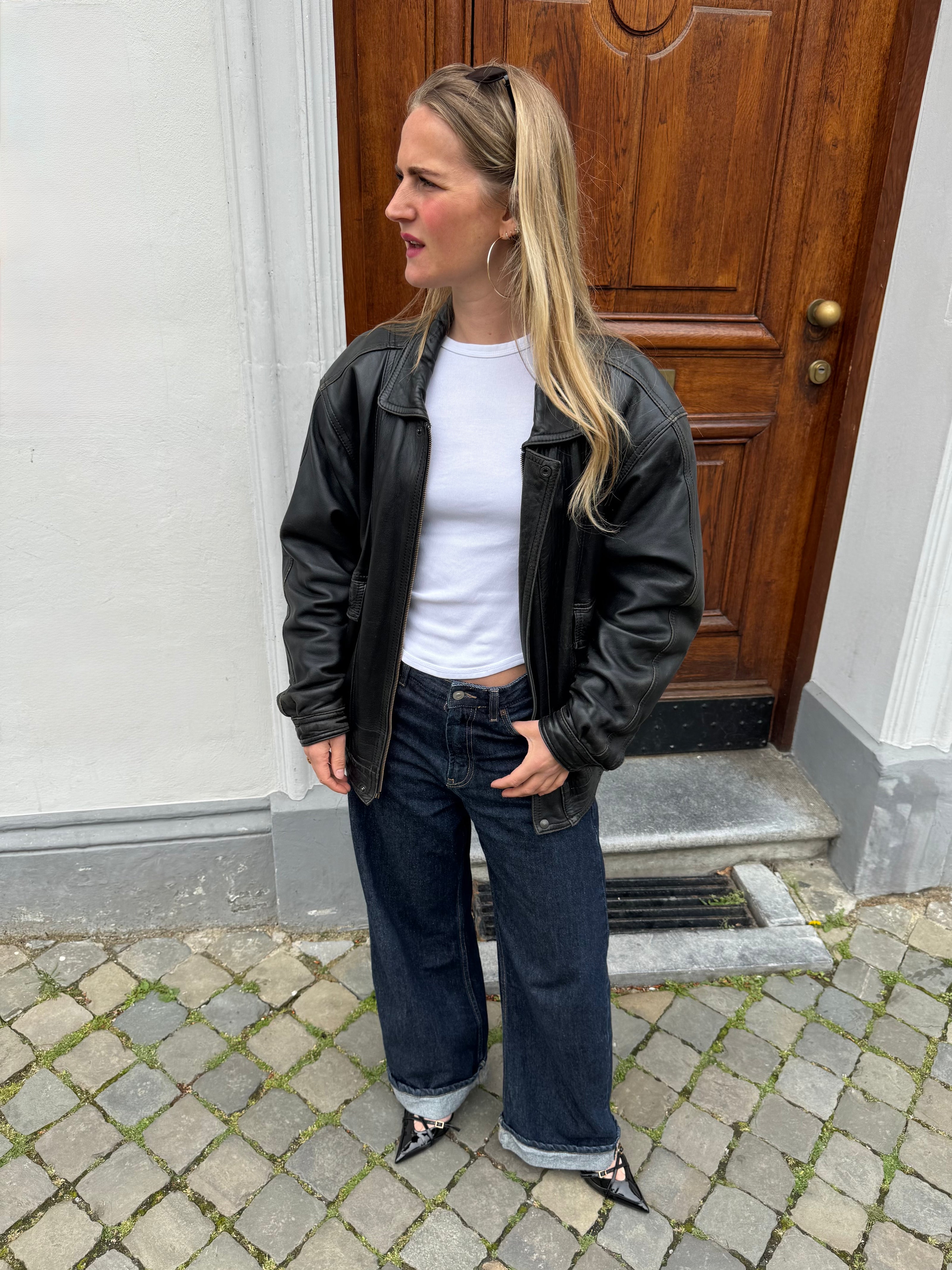 90s Black Leather Oversized Bomberjacket