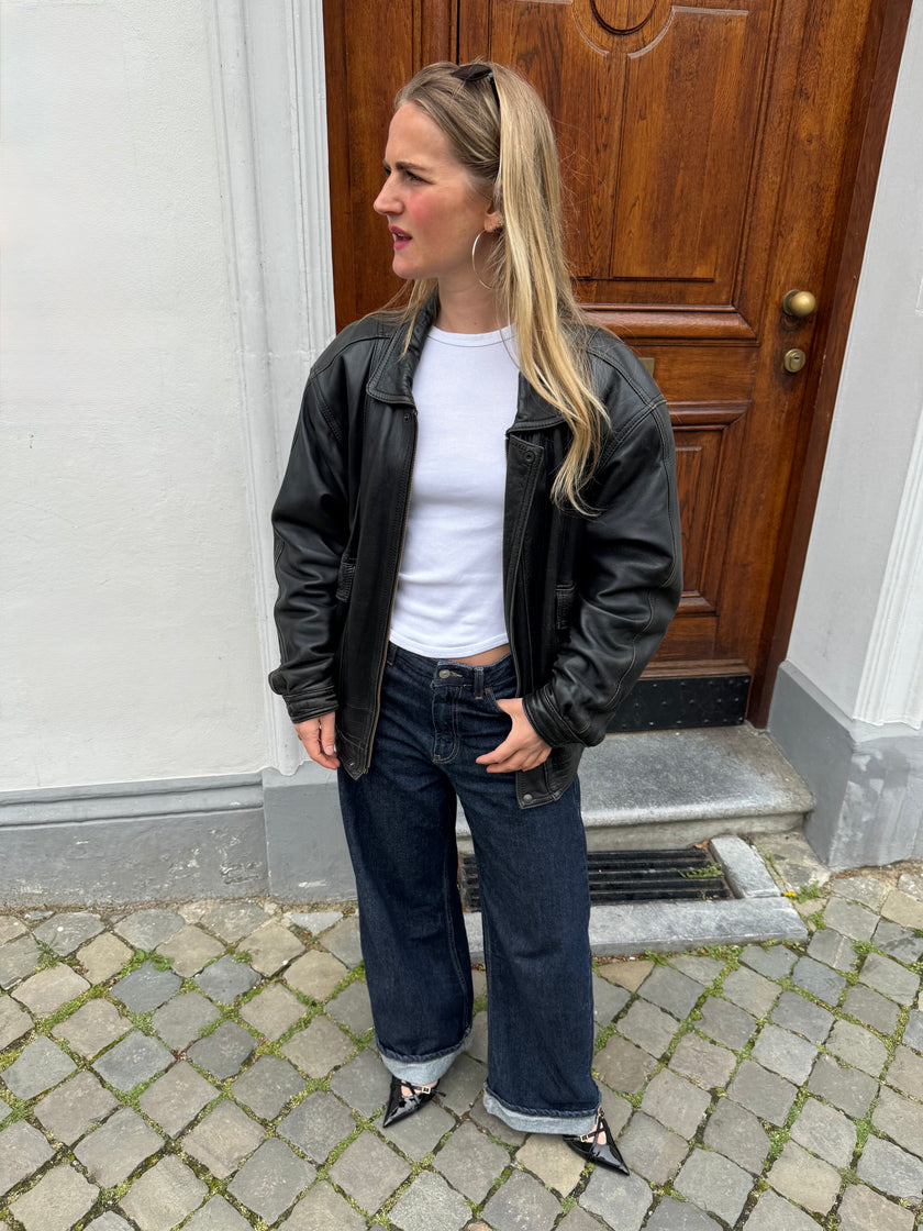 90s Black Leather Oversized Bomberjacket