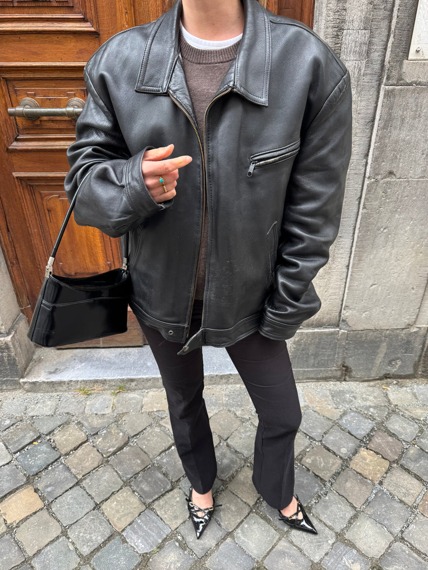Super Oversized Black Leather Vintage Jacket