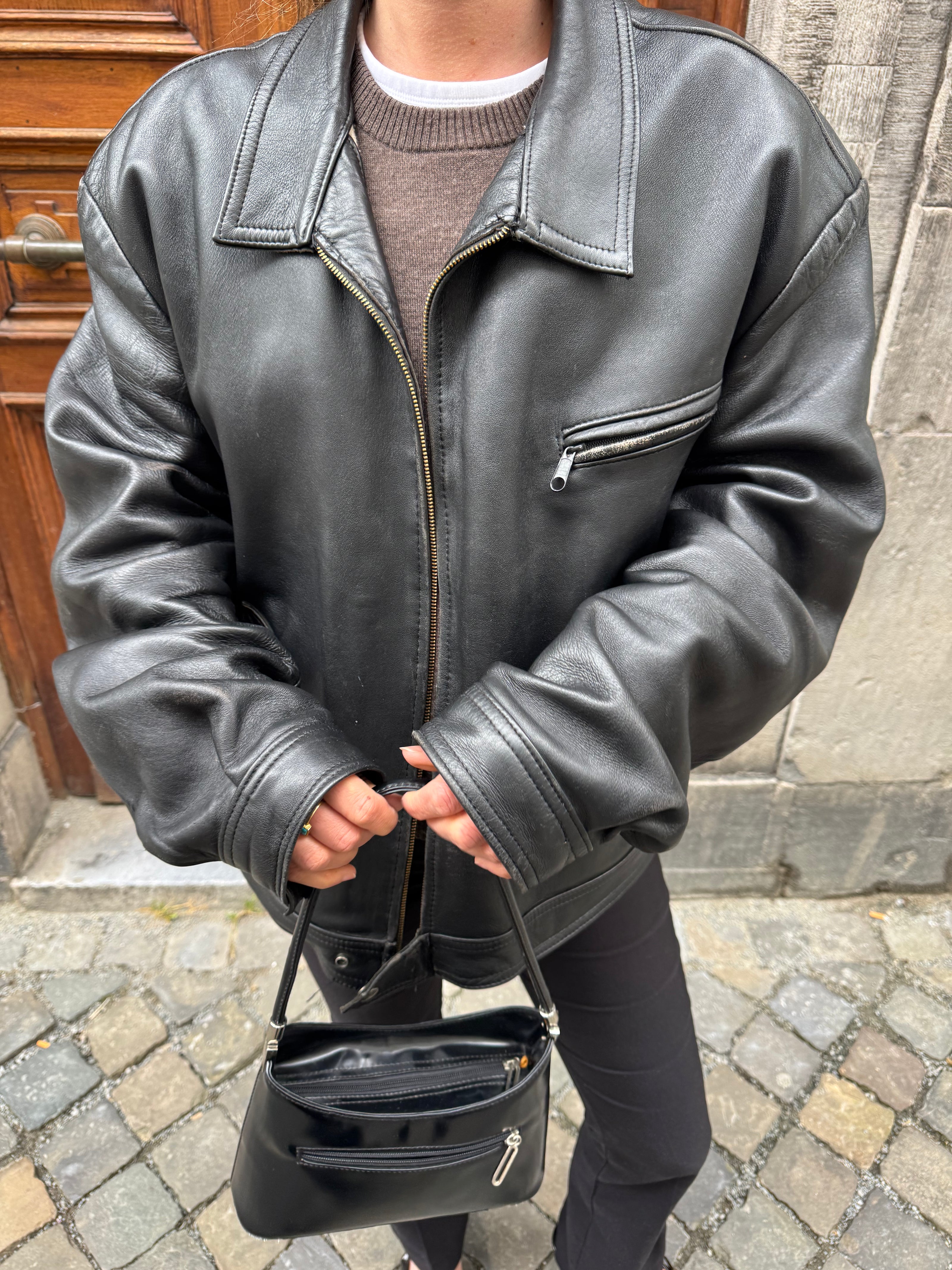 Super Oversized Black Leather Vintage Jacket