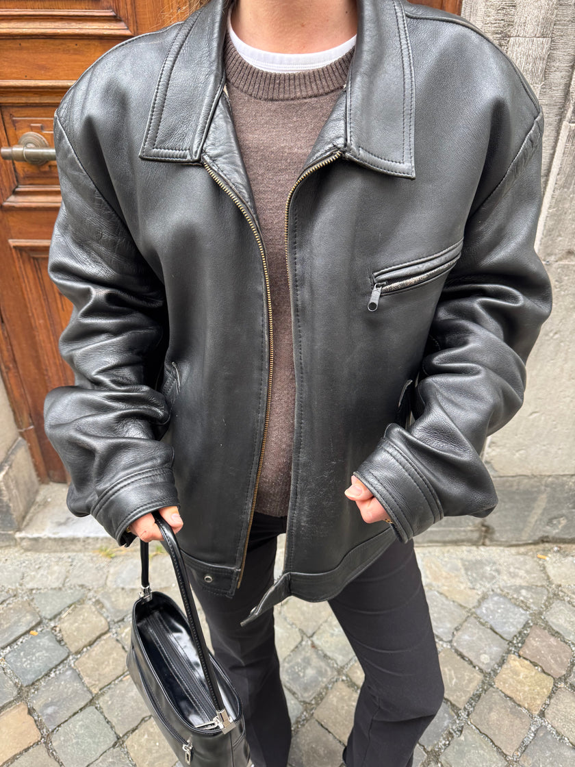 Super Oversized Black Leather Vintage Jacket