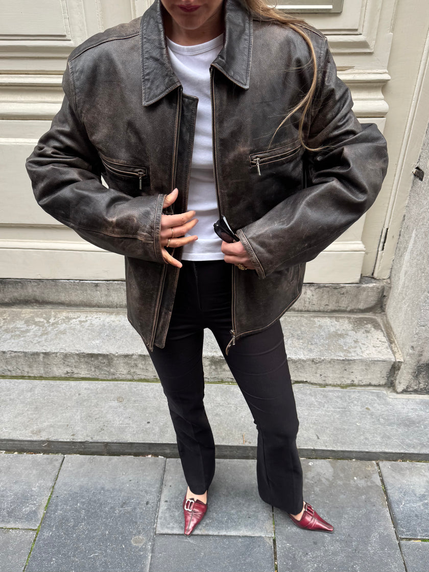 Distressed / Worn Grey/Brown Leather Vintage Jacket