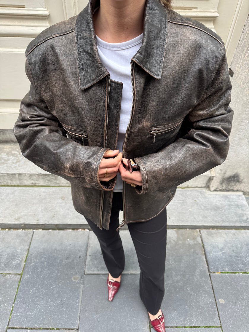 Distressed / Worn Grey/Brown Leather Vintage Jacket