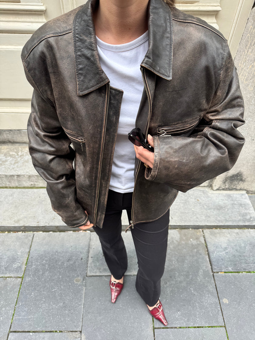 Distressed / Worn Grey/Brown Leather Vintage Jacket