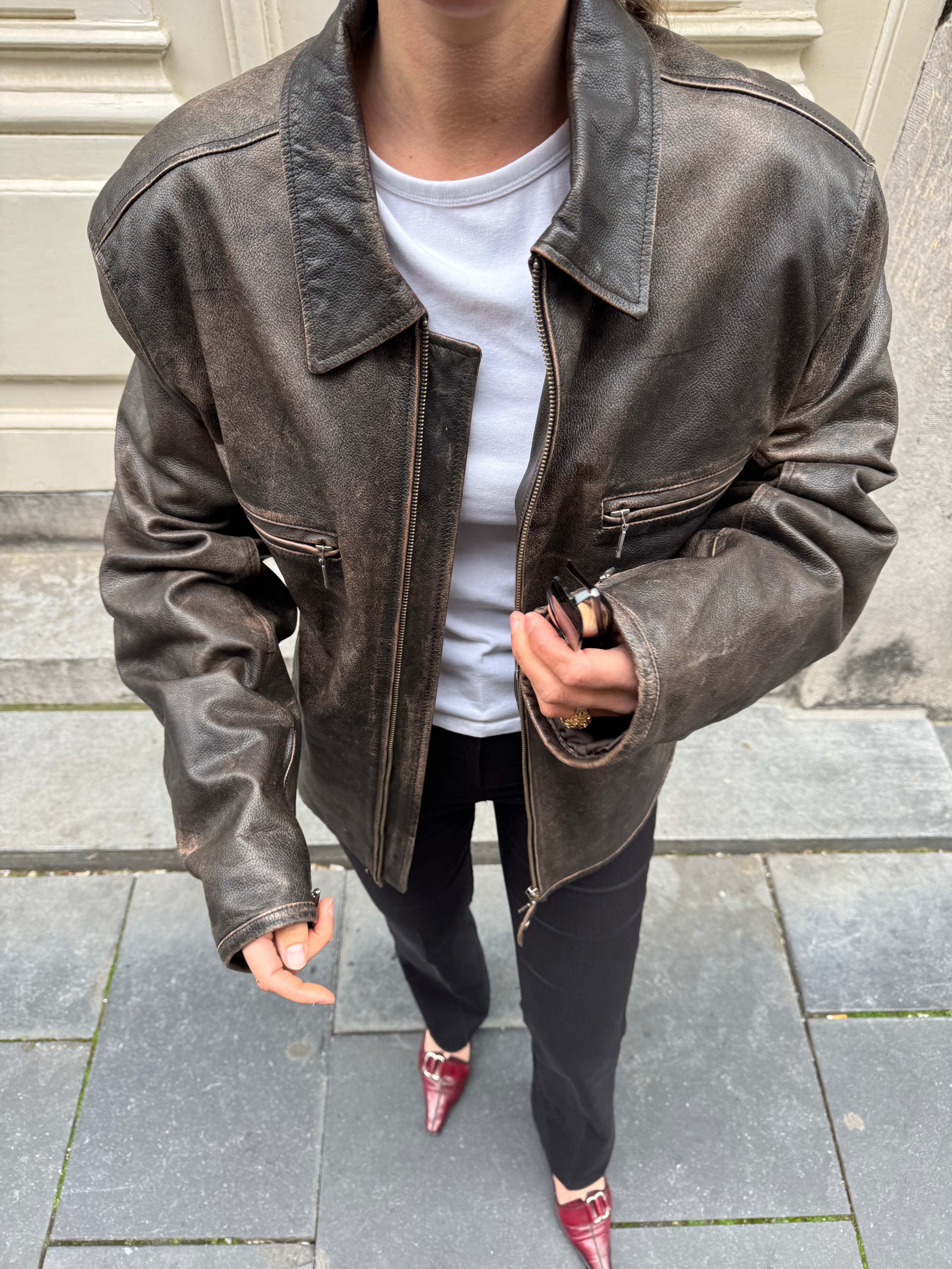 Distressed / Worn Grey/Brown Leather Vintage Jacket