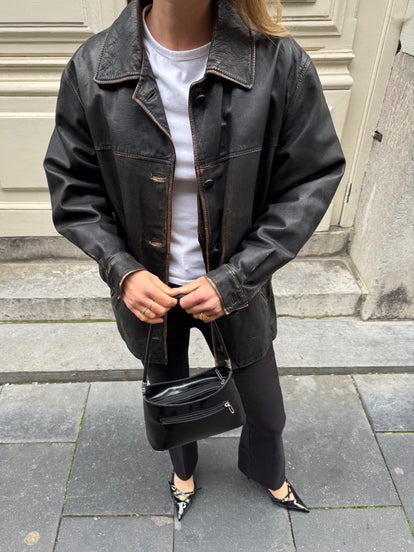 Black Worn/Distressed Buttoned Leather Jacket