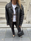 Black Worn/Distressed Buttoned Leather Jacket