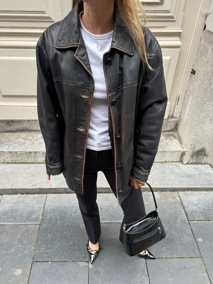 Black Worn/Distressed Buttoned Leather Jacket