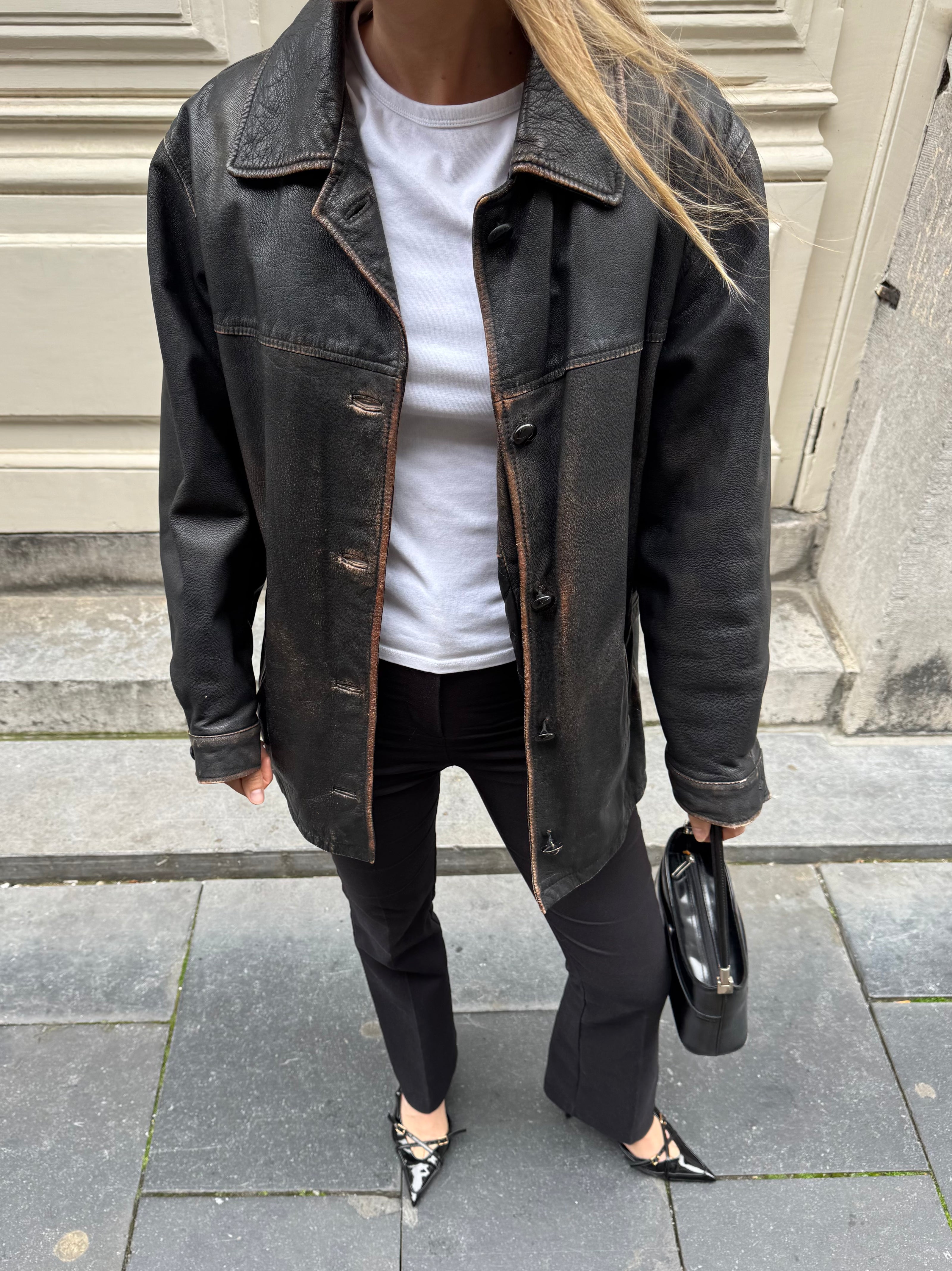 Black Worn/Distressed Buttoned Leather Jacket