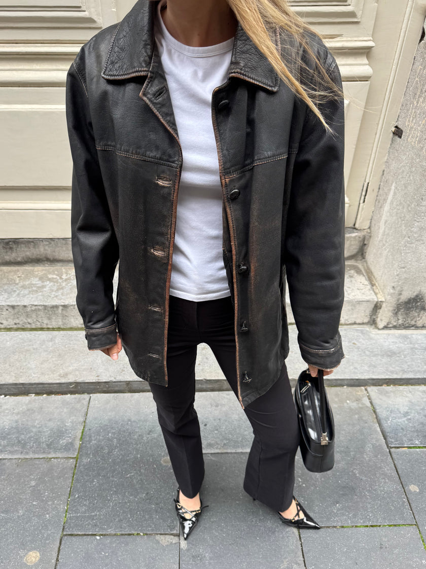 Black Worn/Distressed Buttoned Leather Jacket